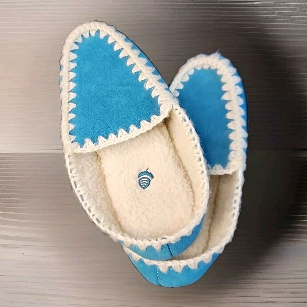 Acorn Handstitched Scuff Slipper Womens Sz 6 US Aqua Blue Cream Stitch Annika